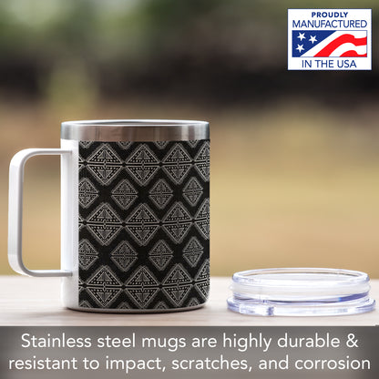 Highland Home Decorative Stainless Steel Insulated Travel Mug with Lid and Handle 12 oz. Manufactured in the USA Dishwasher Safe (Tribal Zen)