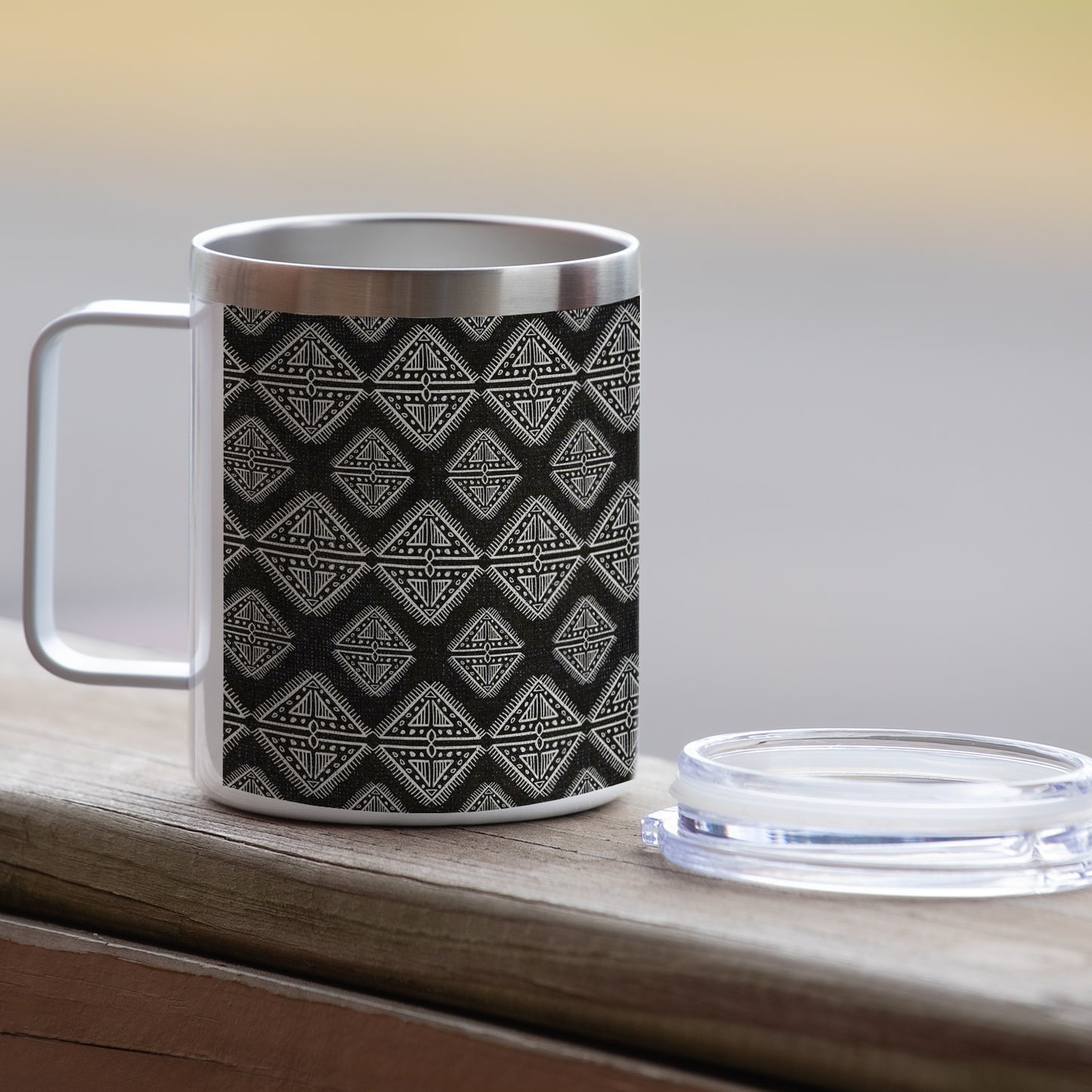 Highland Home Decorative Stainless Steel Insulated Travel Mug with Lid and Handle 12 oz. Manufactured in the USA Dishwasher Safe (Tribal Zen)