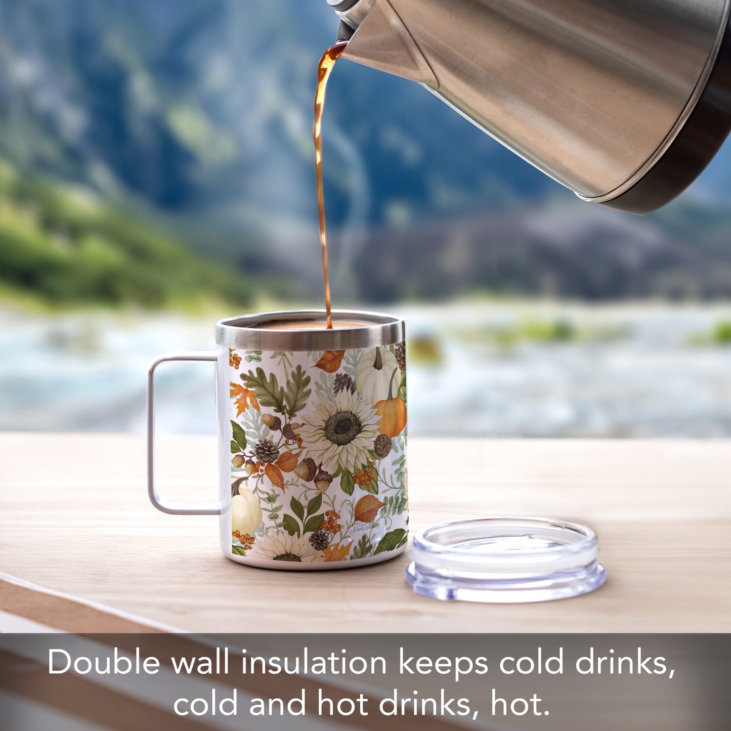 Highland Home Farmhouse Fall Decorative Stainless Steel Insulated Travel Mug with Lid and Handle 12 oz. Manufactured in the USA Dishwasher Safe