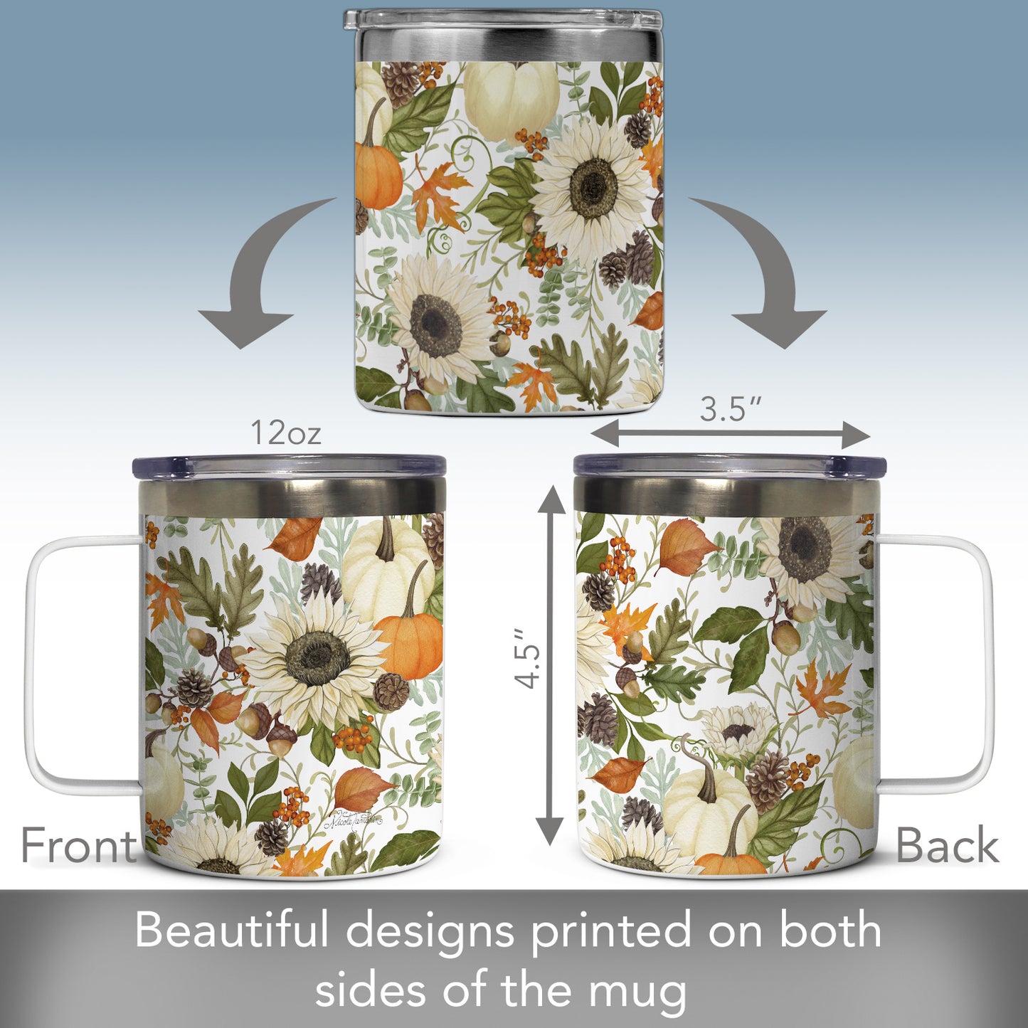 Highland Home Farmhouse Fall Decorative Stainless Steel Insulated Travel Mug with Lid and Handle 12 oz. Manufactured in the USA Dishwasher Safe