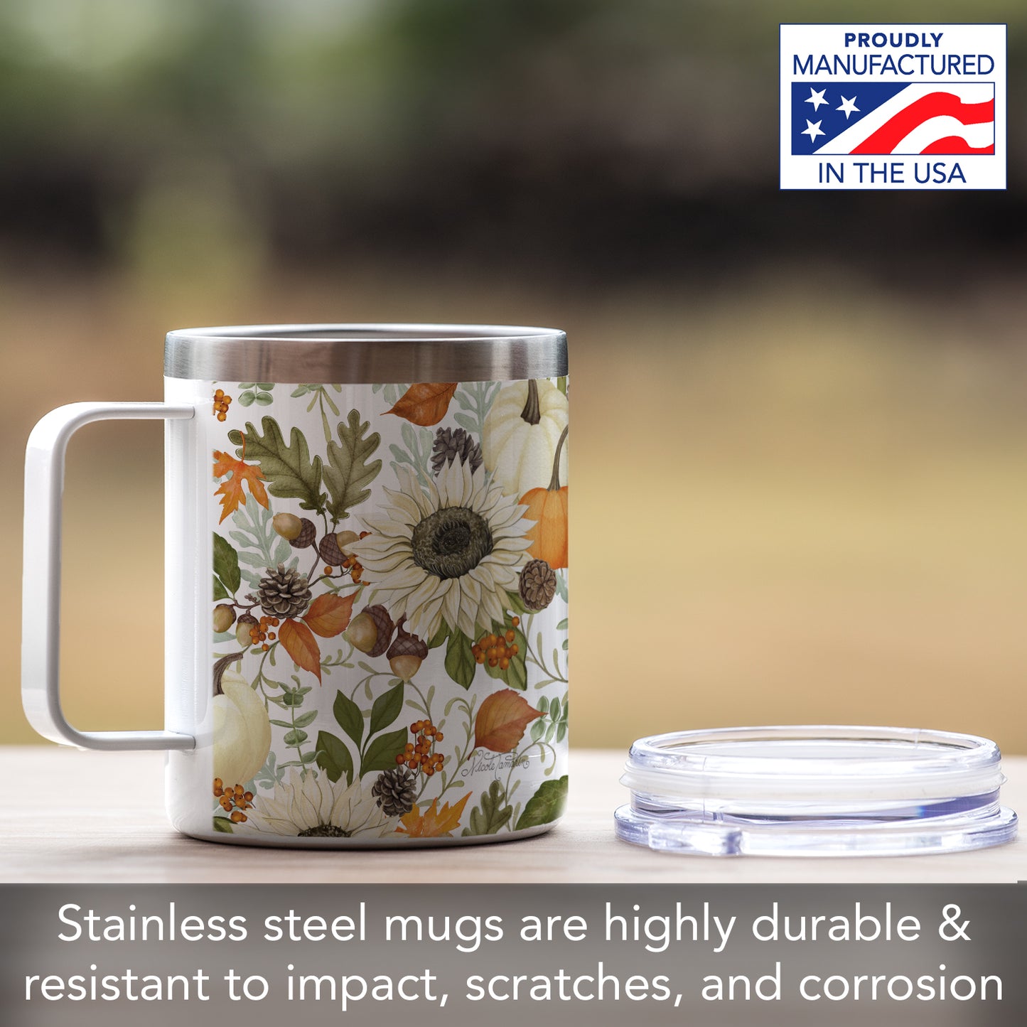 Highland Home Farmhouse Fall Decorative Stainless Steel Insulated Travel Mug with Lid and Handle 12 oz. Manufactured in the USA Dishwasher Safe