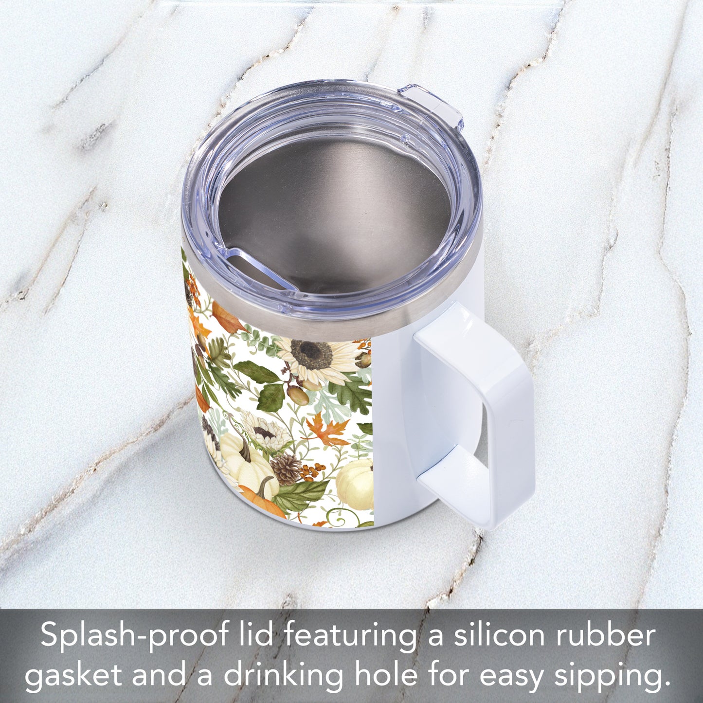 Highland Home Farmhouse Fall Decorative Stainless Steel Insulated Travel Mug with Lid and Handle 12 oz. Manufactured in the USA Dishwasher Safe