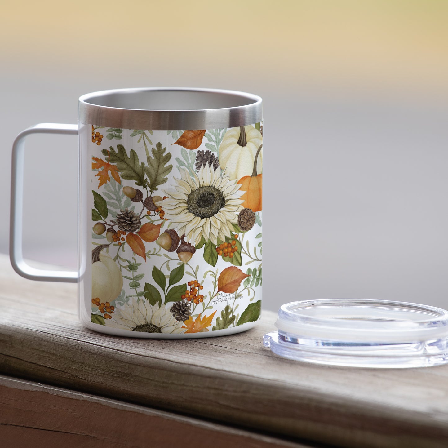 Highland Home Farmhouse Fall Decorative Stainless Steel Insulated Travel Mug with Lid and Handle 12 oz. Manufactured in the USA Dishwasher Safe
