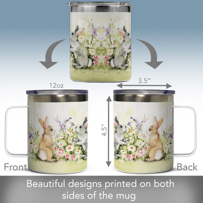 Highland Home Garden Bunnies Decorative Stainless Steel Insulated Travel Mug with Lid and Handle 12 oz. Manufactured in the USA Dishwasher Safe