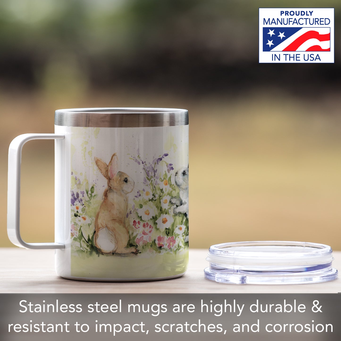 Highland Home Garden Bunnies Decorative Stainless Steel Insulated Travel Mug with Lid and Handle 12 oz. Manufactured in the USA Dishwasher Safe