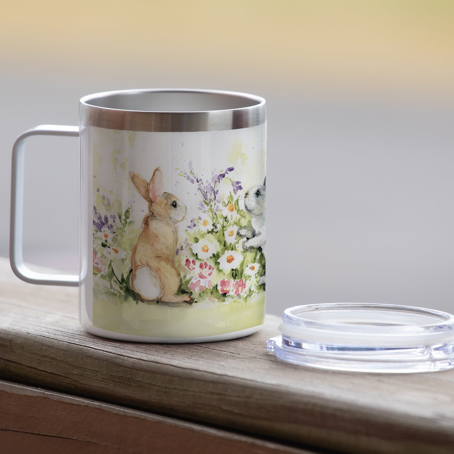 Highland Home Garden Bunnies Decorative Stainless Steel Insulated Travel Mug with Lid and Handle 12 oz. Manufactured in the USA Dishwasher Safe