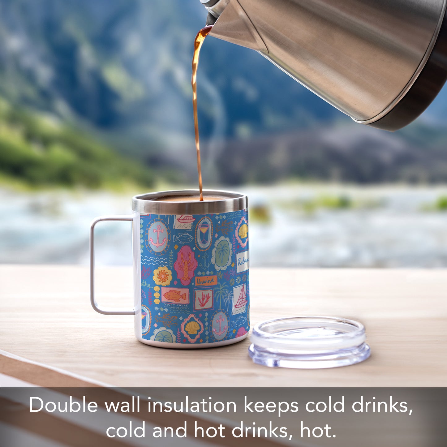 Coastal Stamps Stainless Steel Travel Mug with Lid 12 oz. Manufactured in the USA