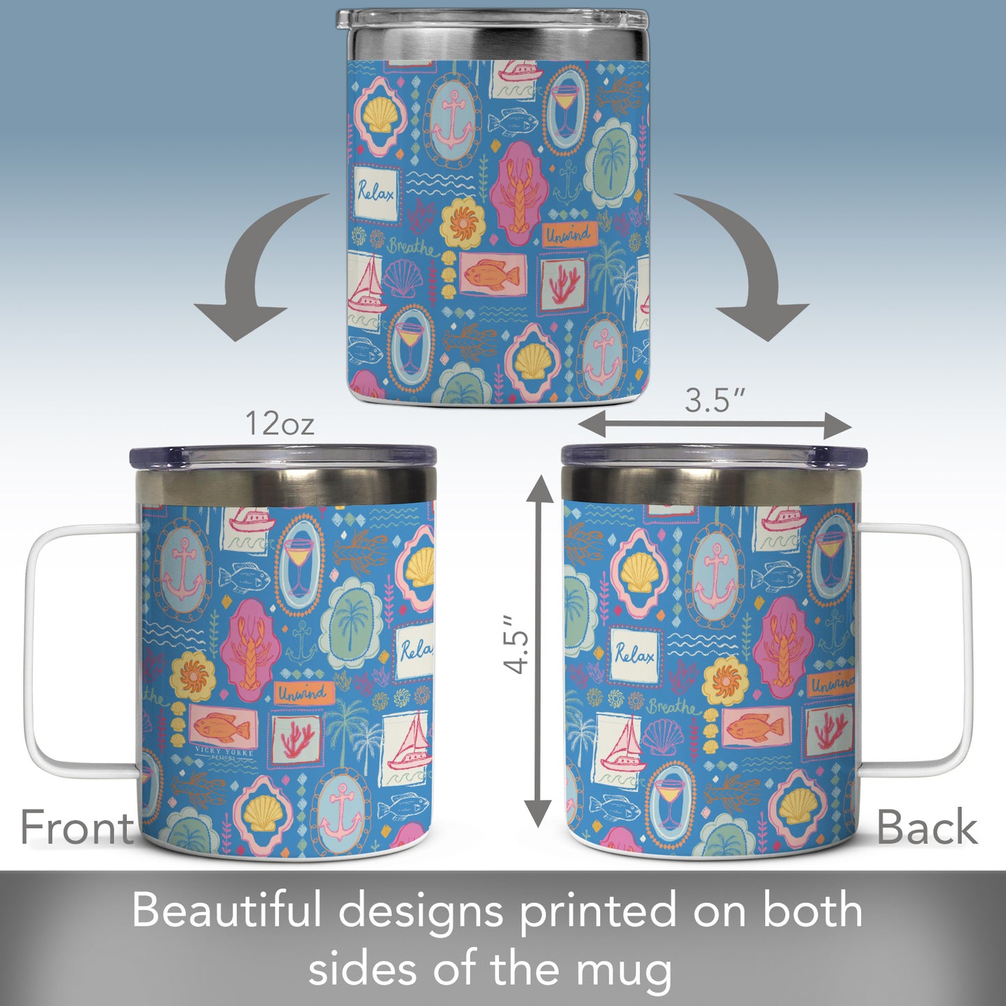 Coastal Stamps Stainless Steel Travel Mug with Lid 12 oz. Manufactured in the USA