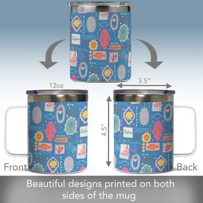 Coastal Stamps Stainless Steel Travel Mug with Lid 12 oz. Manufactured in the USA