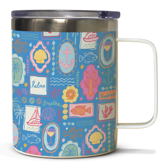 Coastal Stamps Stainless Steel Travel Mug with Lid 12 oz. Manufactured in the USA