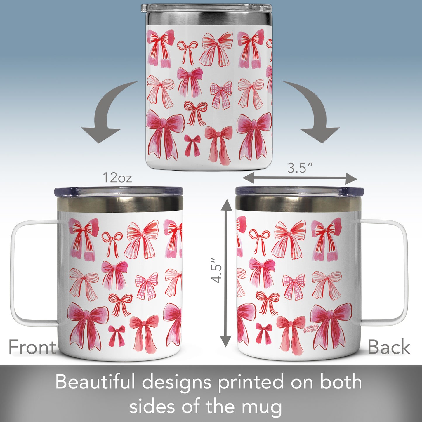 Vintage Bows Stainless Steel Travel Mug with Lid 12 oz. Manufactured in the USA