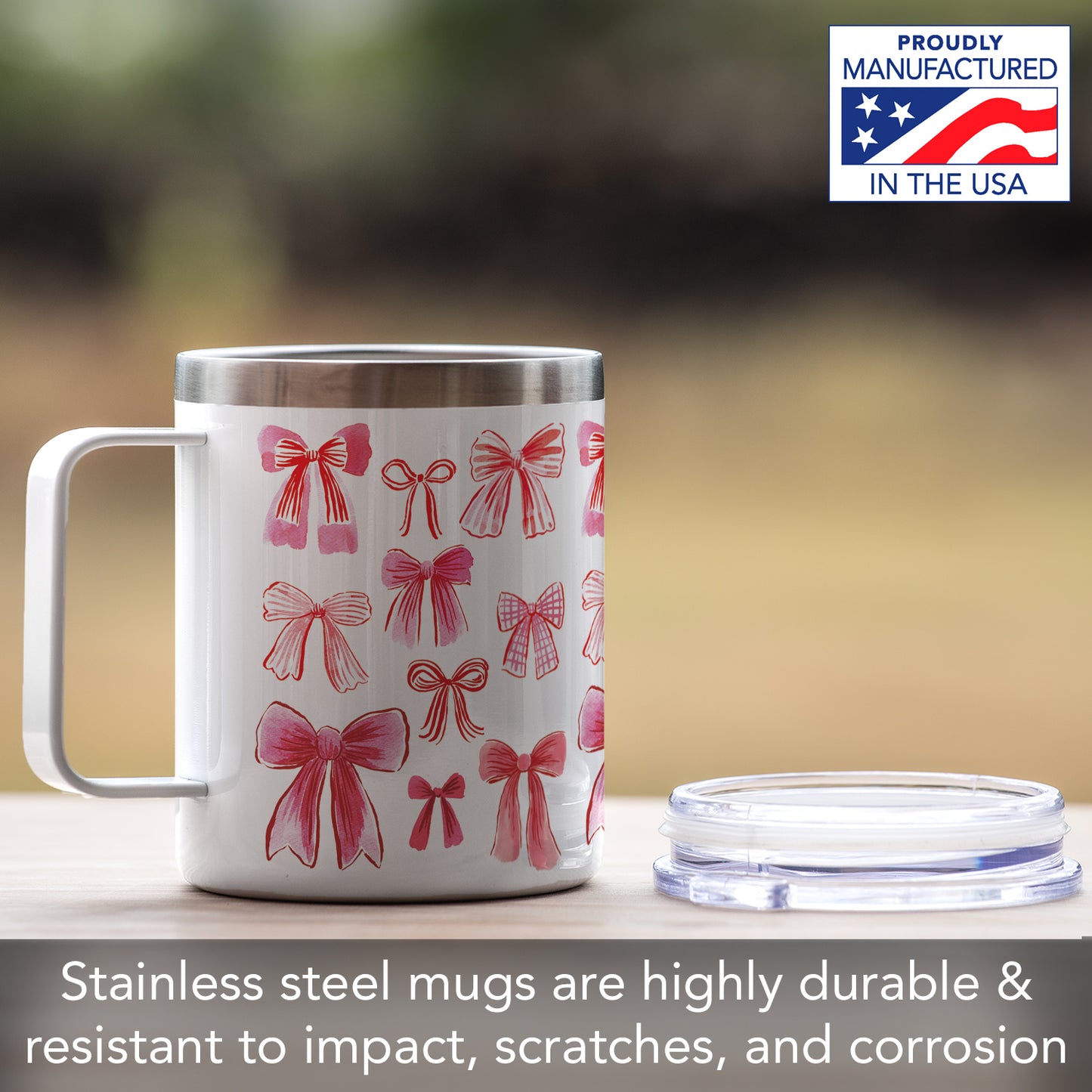 Vintage Bows Stainless Steel Travel Mug with Lid 12 oz. Manufactured in the USA