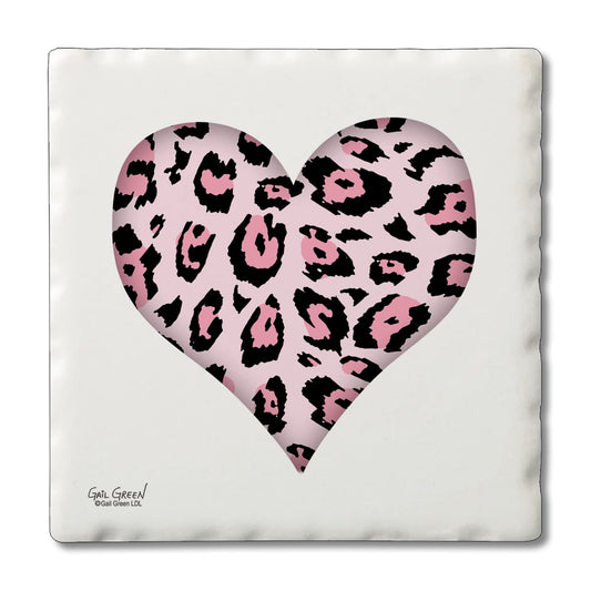 Thirstystone Leopard Hearts 4 Pack Absorbent Stone Tumbled Tile Coasters with Protective Cork Backing 4" Square Manufactured in The USA Artistic Absorbent Easily Wipes Clean