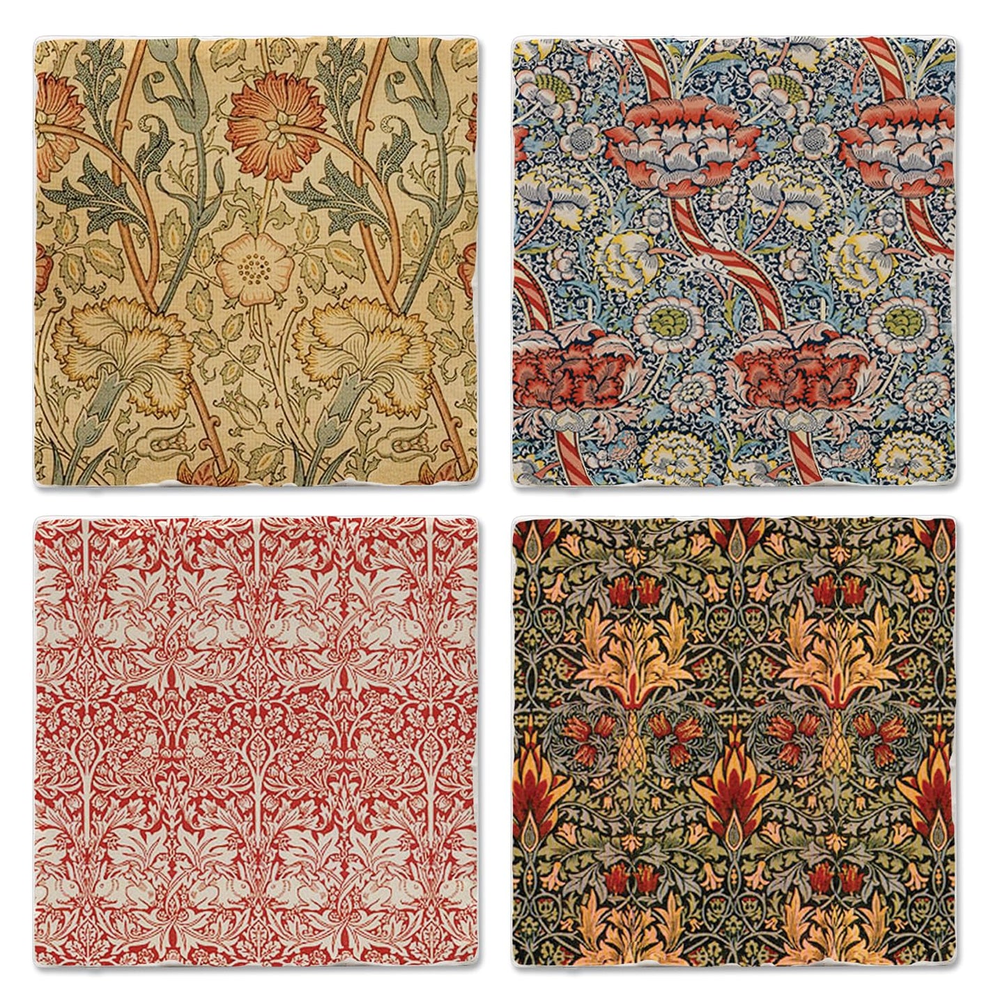 Thirstystone William Morris Textile Prints 4-Pack Assorted Tumbled Tile Stone Coasters 4" Square