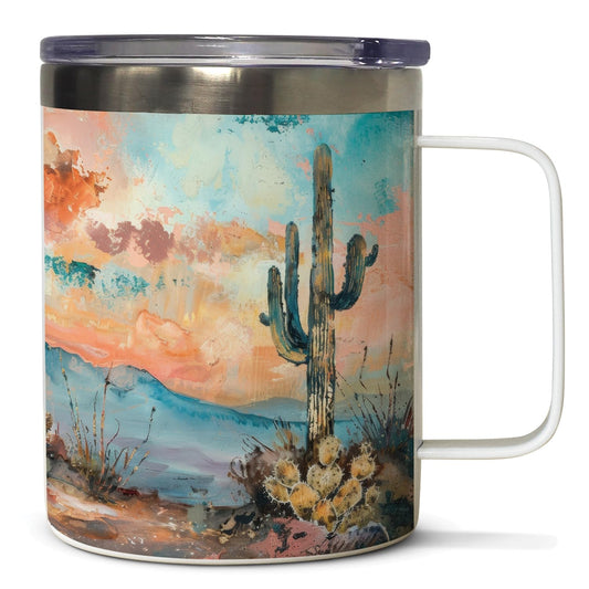 Highland Home Desert Dream Decorative Stainless Steel Insulated Travel Mug with Lid and Handle 12 oz. Manufactured in the USA Dishwasher Safe