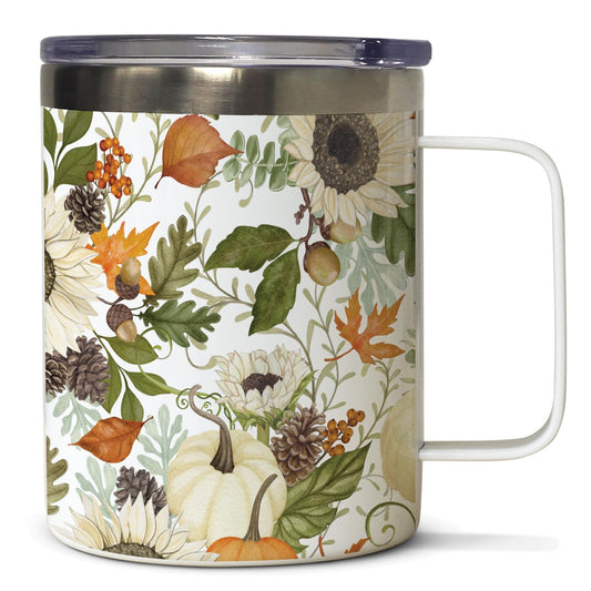 Highland Home Farmhouse Fall Decorative Stainless Steel Insulated Travel Mug with Lid and Handle 12 oz. Manufactured in the USA Dishwasher Safe