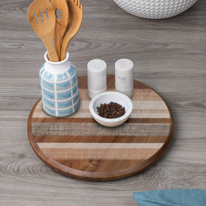 CounterArt Wide Stripes Round Acacia Wood Lazy Susan Turntable 14" Diameter for Serving Kitchen Organization Condiment Caddy