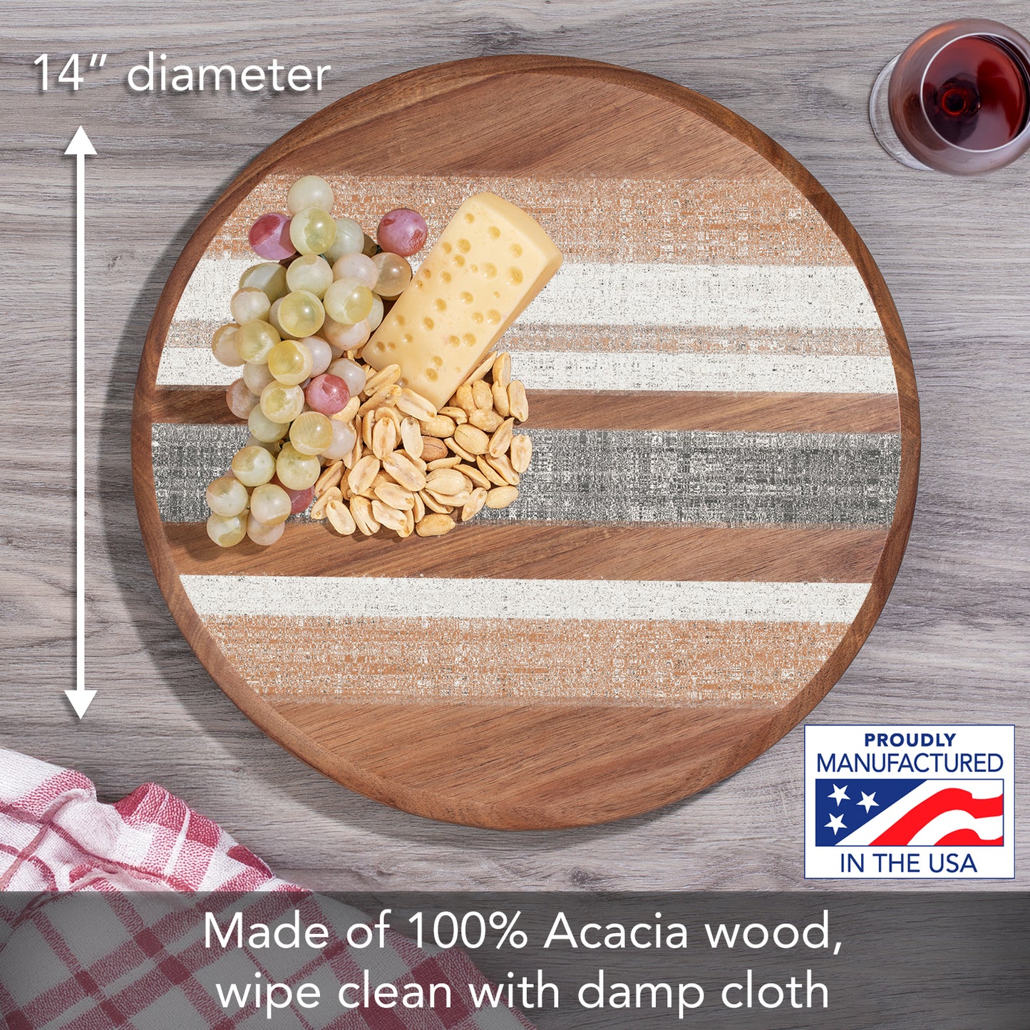 CounterArt Wide Stripes Round Acacia Wood Lazy Susan Turntable 14" Diameter for Serving Kitchen Organization Condiment Caddy