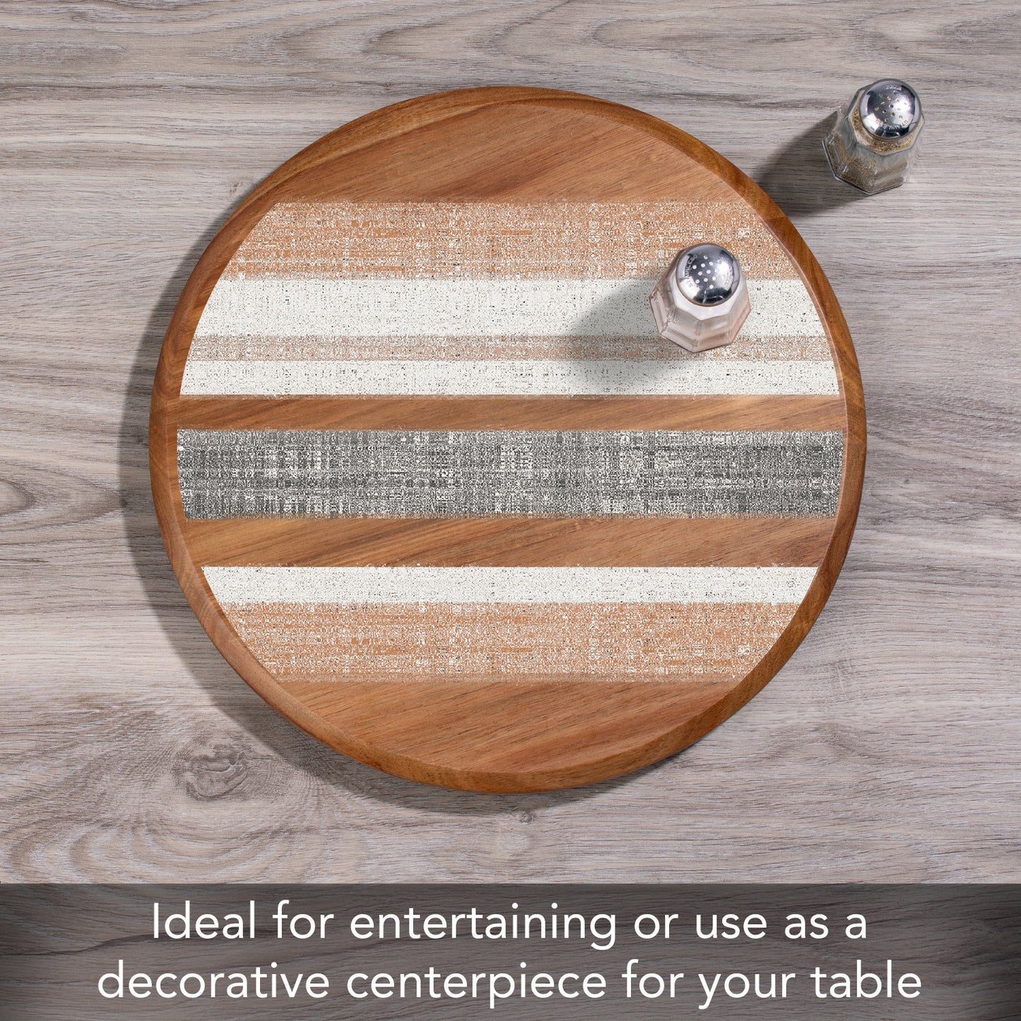 CounterArt Wide Stripes Round Acacia Wood Lazy Susan Turntable 14" Diameter for Serving Kitchen Organization Condiment Caddy