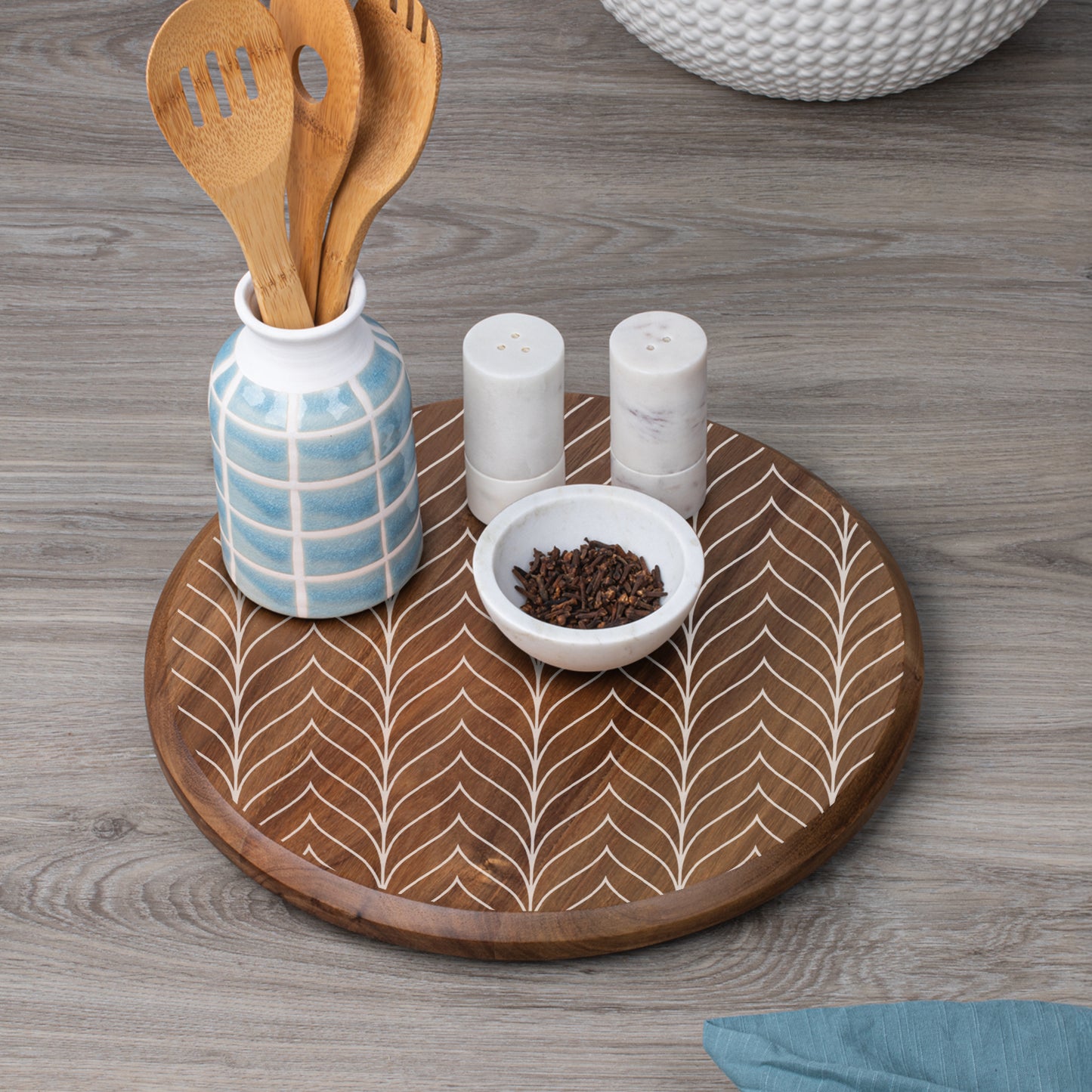 CounterArt White Chevron Round Acacia Wood Lazy Susan Turntable 14" Diameter for Serving Kitchen Organization Condiment Caddy