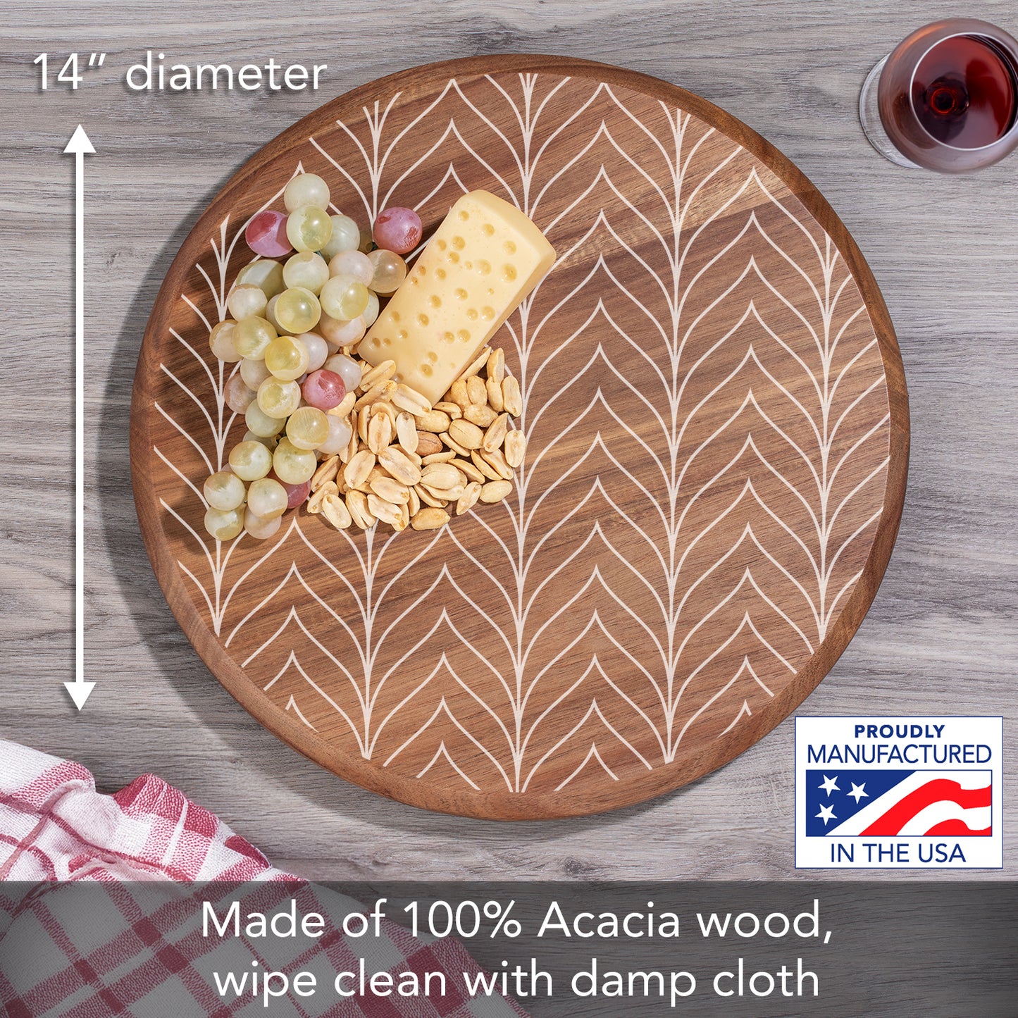 CounterArt White Chevron Round Acacia Wood Lazy Susan Turntable 14" Diameter for Serving Kitchen Organization Condiment Caddy