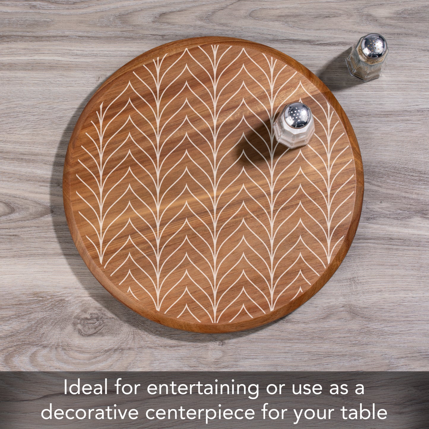 CounterArt White Chevron Round Acacia Wood Lazy Susan Turntable 14" Diameter for Serving Kitchen Organization Condiment Caddy