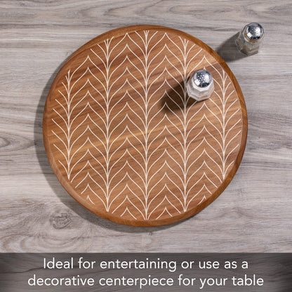 CounterArt White Chevron Round Acacia Wood Lazy Susan Turntable 14" Diameter for Serving Kitchen Organization Condiment Caddy