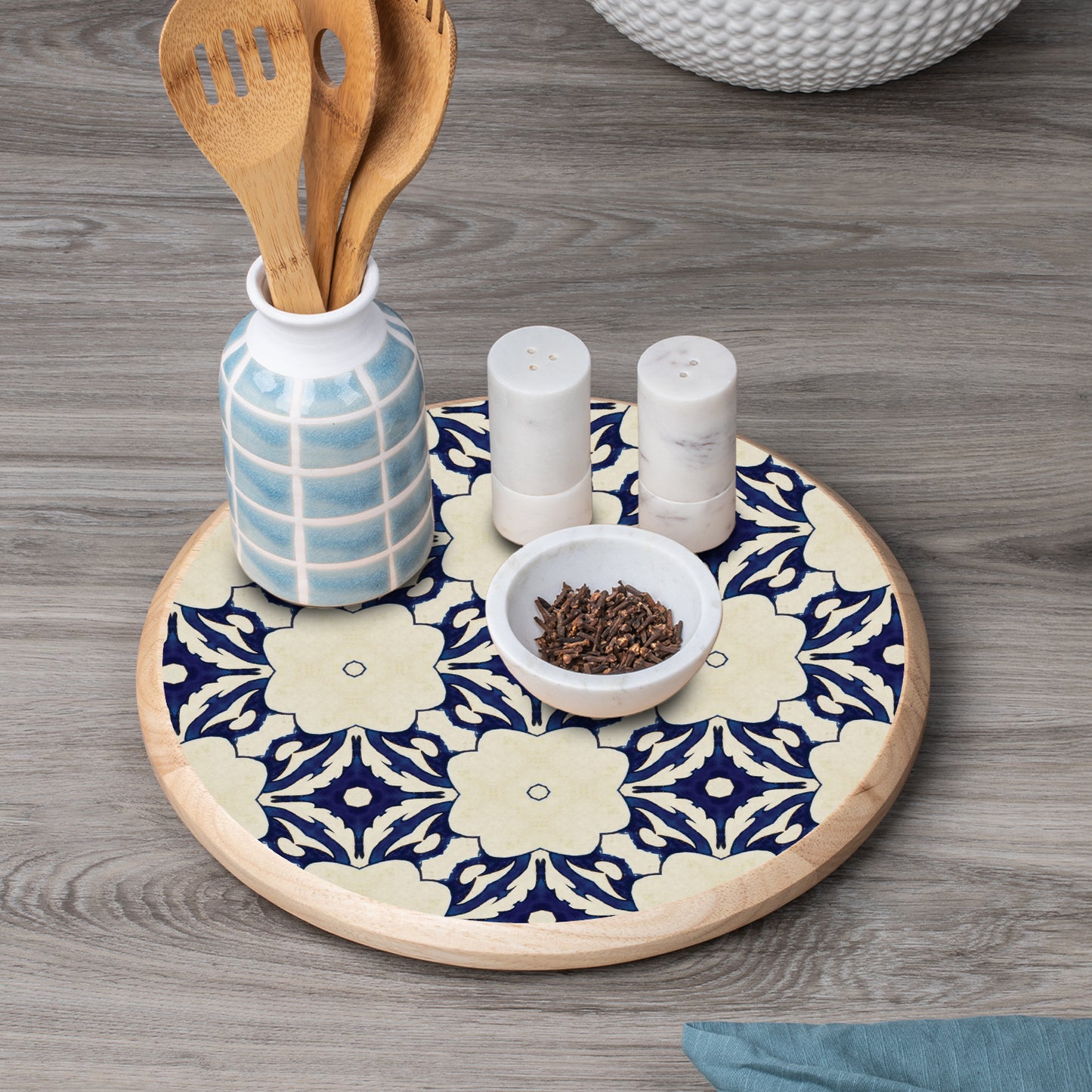 CounterArt Blue Tile Floral Wood Lazy Susan Turntable 14" Diameter for Serving Kitchen Organization Condiment Caddy