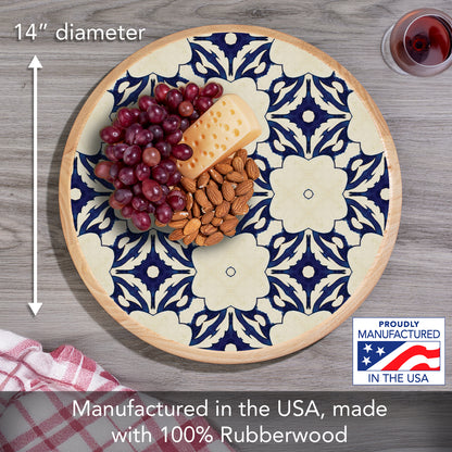 CounterArt Blue Tile Floral Wood Lazy Susan Turntable 14" Diameter for Serving Kitchen Organization Condiment Caddy