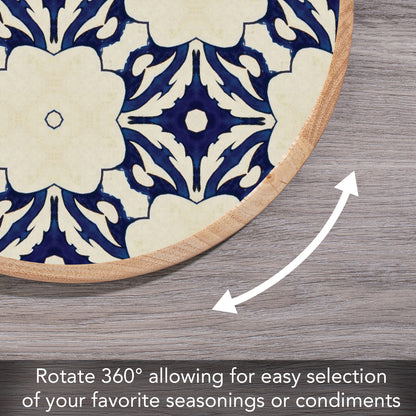 CounterArt Blue Tile Floral Wood Lazy Susan Turntable 14" Diameter for Serving Kitchen Organization Condiment Caddy