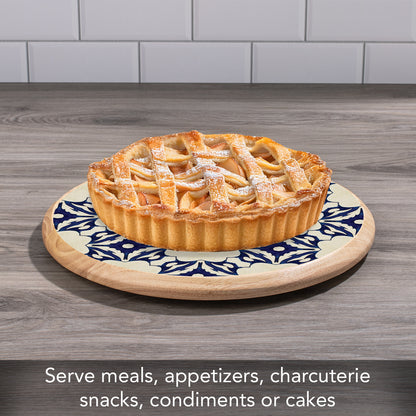 CounterArt Blue Tile Floral Wood Lazy Susan Turntable 14" Diameter for Serving Kitchen Organization Condiment Caddy