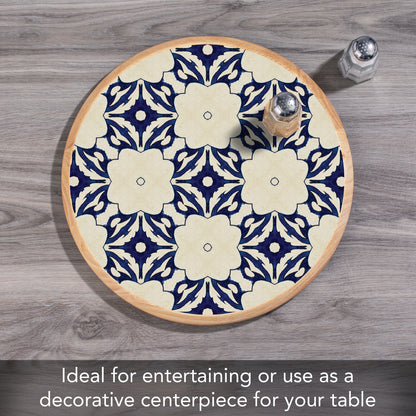CounterArt Blue Tile Floral Wood Lazy Susan Turntable 14" Diameter for Serving Kitchen Organization Condiment Caddy