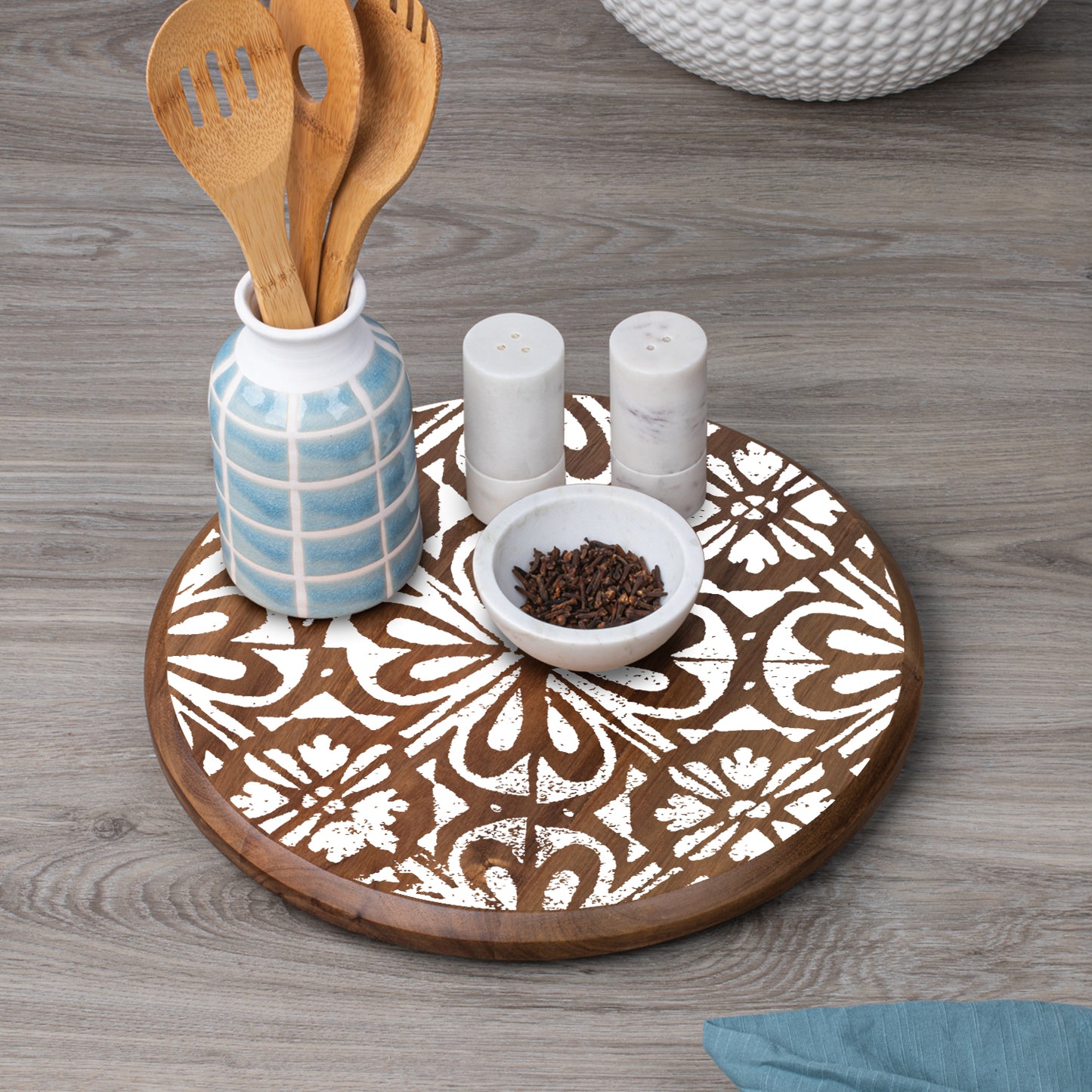 CounterArt White Tile Medallion Round Acacia Wood Lazy Susan Turntable 14" Diameter for Serving Kitchen Organization Condiment Caddy