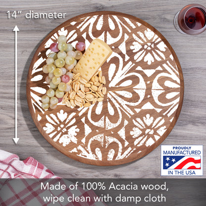 CounterArt White Tile Medallion Round Acacia Wood Lazy Susan Turntable 14" Diameter for Serving Kitchen Organization Condiment Caddy