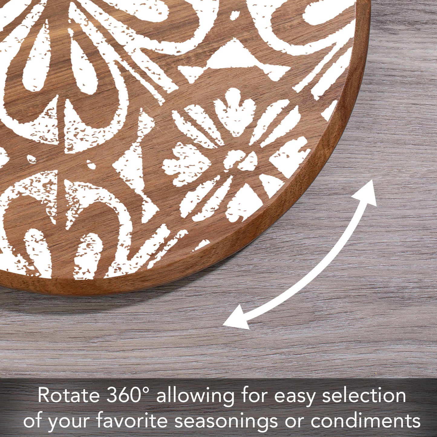 CounterArt White Tile Medallion Round Acacia Wood Lazy Susan Turntable 14" Diameter for Serving Kitchen Organization Condiment Caddy
