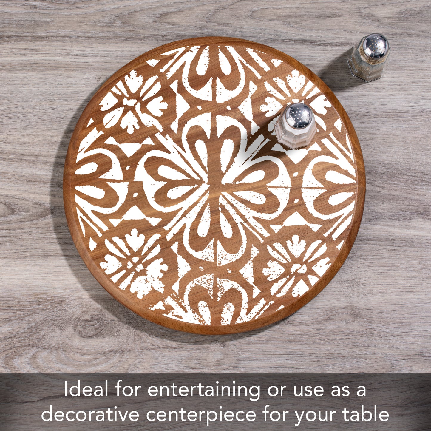 CounterArt White Tile Medallion Round Acacia Wood Lazy Susan Turntable 14" Diameter for Serving Kitchen Organization Condiment Caddy