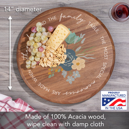 CounterArt Family Table Floral Round Acacia Wood Lazy Susan Turntable 14" Diameter for Serving Kitchen Organization Condiment Caddy