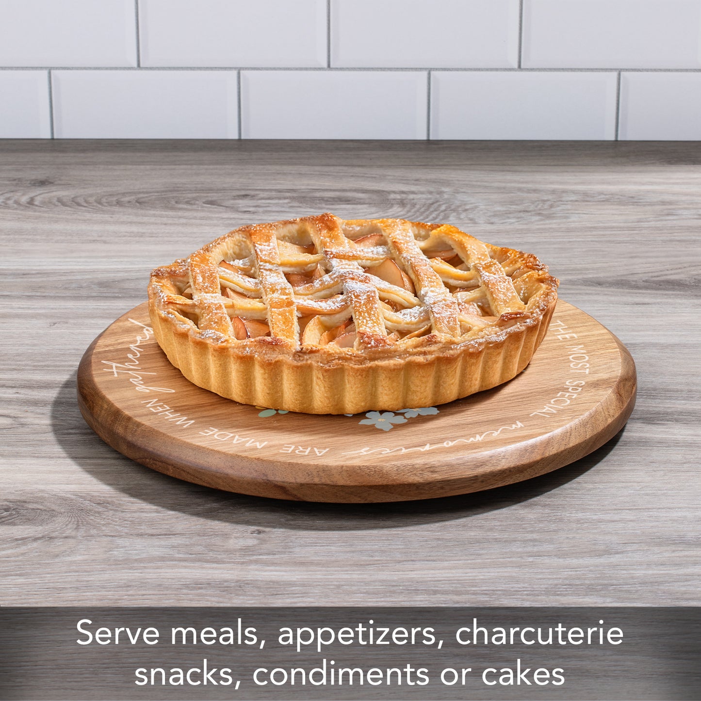 CounterArt Family Table Floral Round Acacia Wood Lazy Susan Turntable 14" Diameter for Serving Kitchen Organization Condiment Caddy