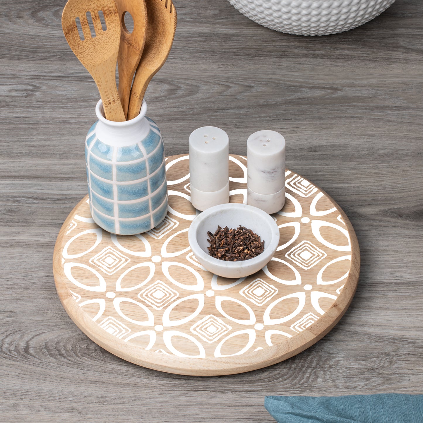 CounterArt White Geometric Pattern Wood Lazy Susan Turntable 14" Diameter for Serving Kitchen Organization Condiment Caddy