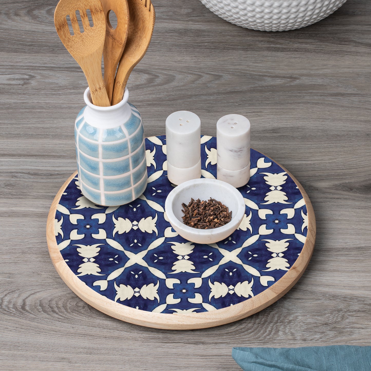 CounterArt Blue & White Pattern Wood Lazy Susan Turntable 14" Diameter for Serving Kitchen Organization Condiment Caddy