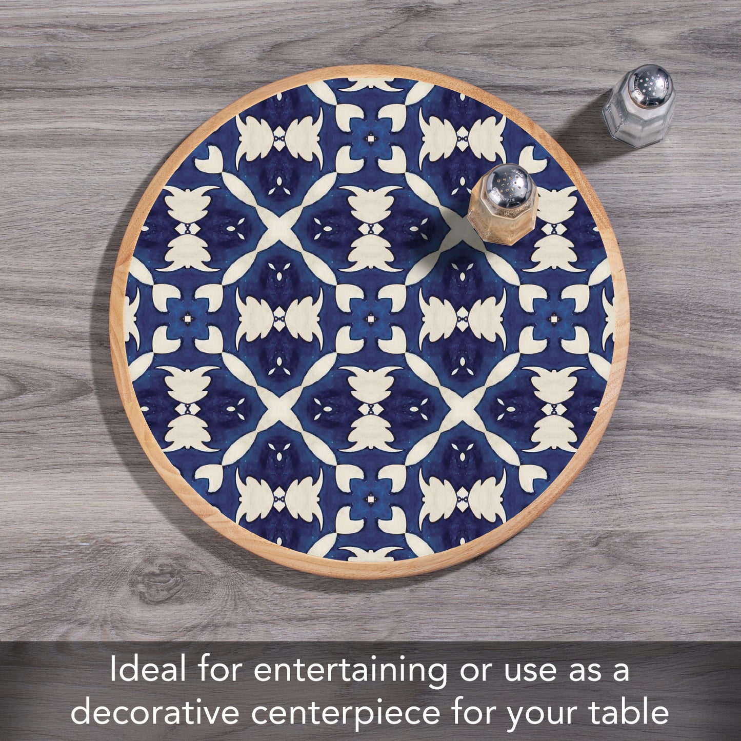 CounterArt Blue & White Pattern Wood Lazy Susan Turntable 14" Diameter for Serving Kitchen Organization Condiment Caddy