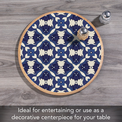 CounterArt Blue & White Pattern Wood Lazy Susan Turntable 14" Diameter for Serving Kitchen Organization Condiment Caddy