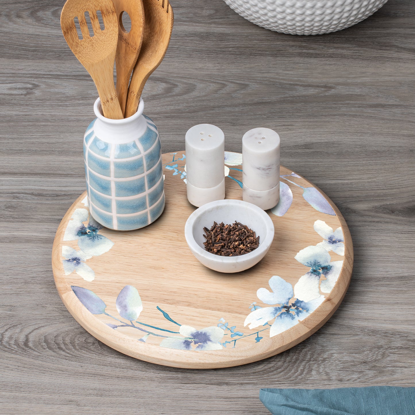 CounterArt White Floral Wreath Wood Lazy Susan Turntable 14" Diameter for Serving Kitchen Organization Condiment Caddy