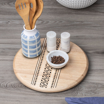 Tribal Natural Wood Lazy Susan Turntable 14" Diameter for Serving Kitchen Organization Condiment Caddy