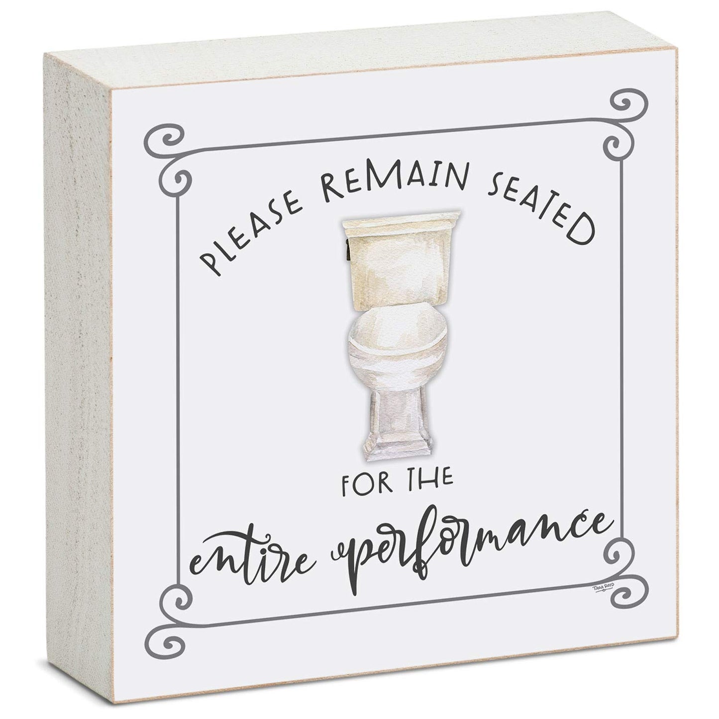 CounterArt "Please Remain Seated" Artistic Freestanding Solid Wood Block Sign Made in the USA 3.75” Square Decorative Accent for Home or Office