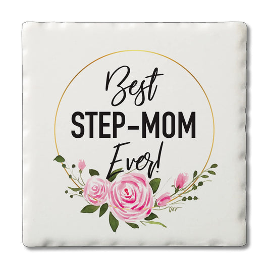 Thirstystone Best Step Mom 4 Pack Absorbent Stone Tumbled Tile Coasters with Protective Cork Backing 4" Square Manufactured in The USA Artistic Absorbent Easily Wipes Clean