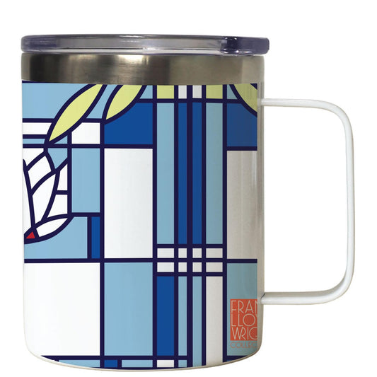 Highland Home Waterlilies Design by Frank Lloyd Wright on Stainless Steel Mug with Lid 12 oz. Manufactured in the USA