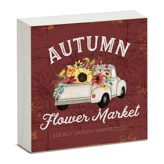 Highland Home Autumn Flower Market Decorative Wooden Home Accent Sign for Desk Mantle or Shelf Made in the USA