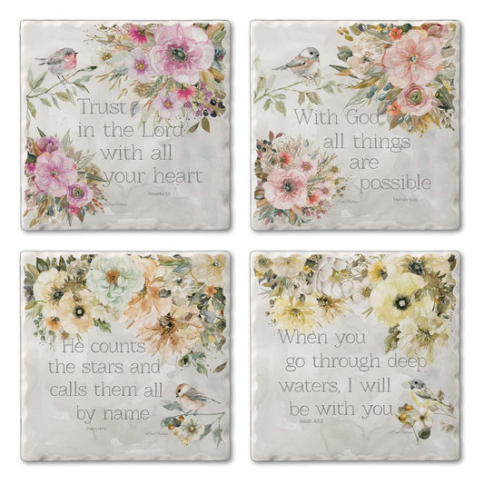 Thirstystone Floral Scriptures 4 Pack Assorted Tumbled Tile Stone Coasters 4" Square