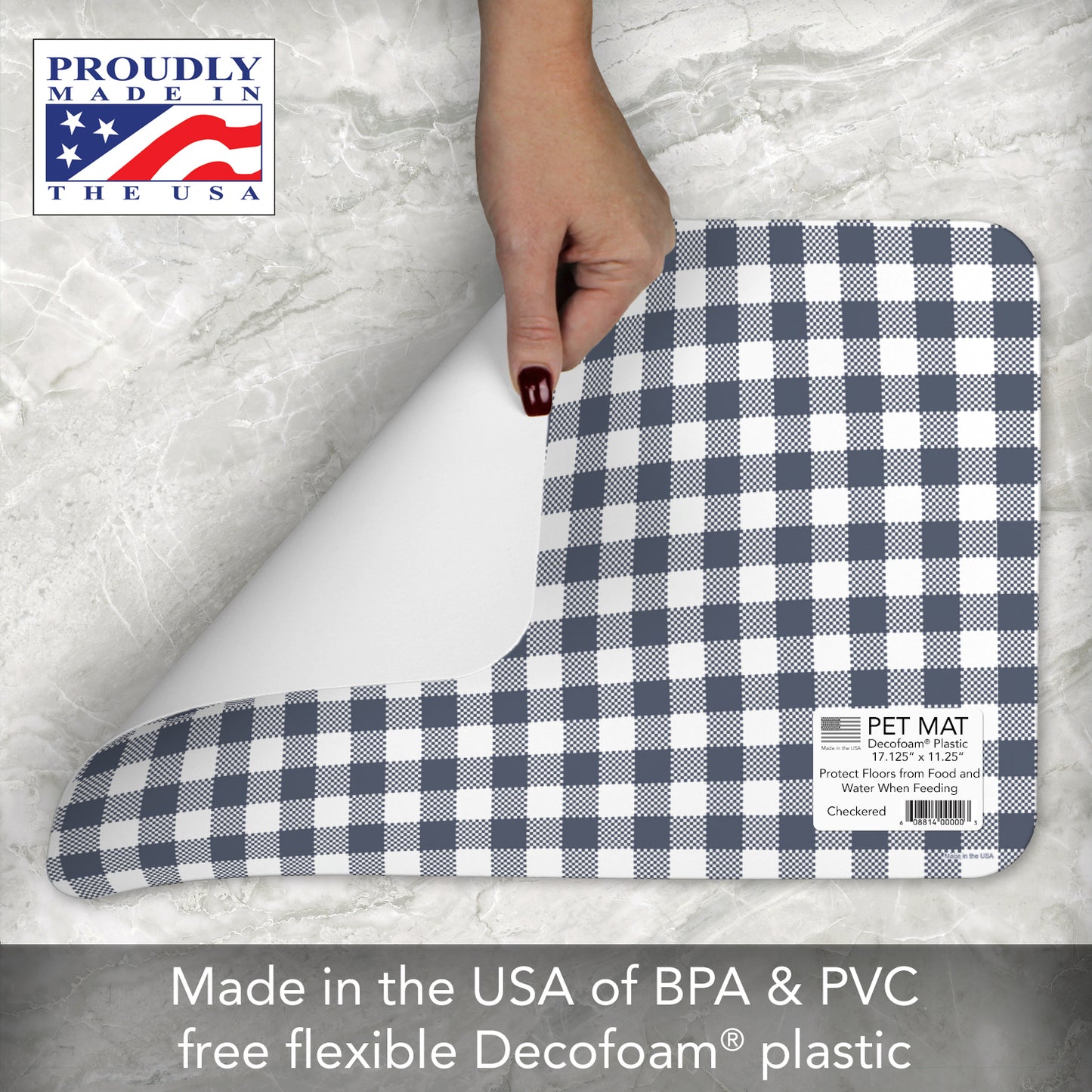 CounterArt Checkered Easy Care Waterproof Pet Feeding Mat 17.13” x 11.25” Made in The USA of BPA Free Plastic, Safe for Pets, Protects Floors from Scratches Stains & Spills